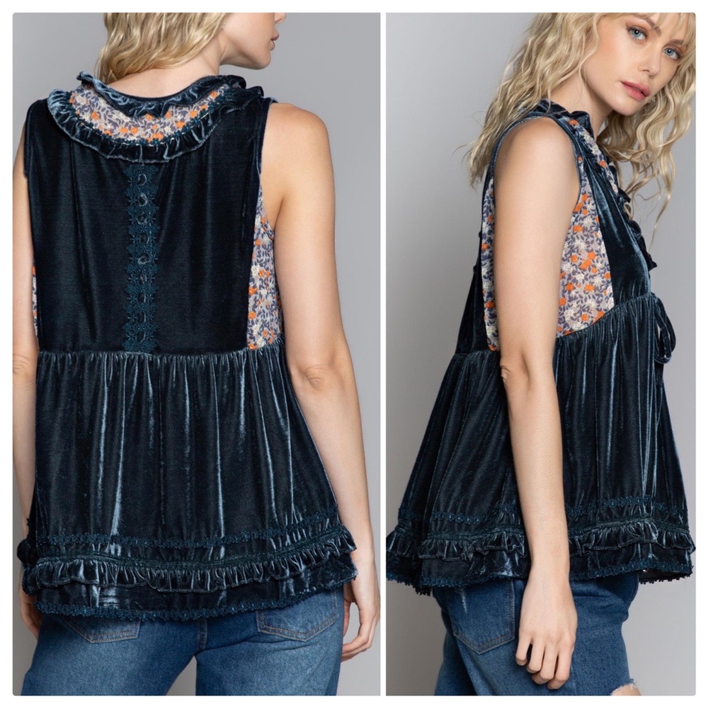 POL Midnight Blue Velvet Babydoll Top - Picture 3 of 11